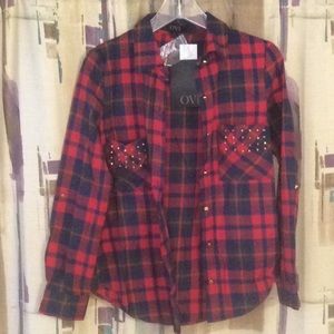New with tags lovely red studded flannel plaid top